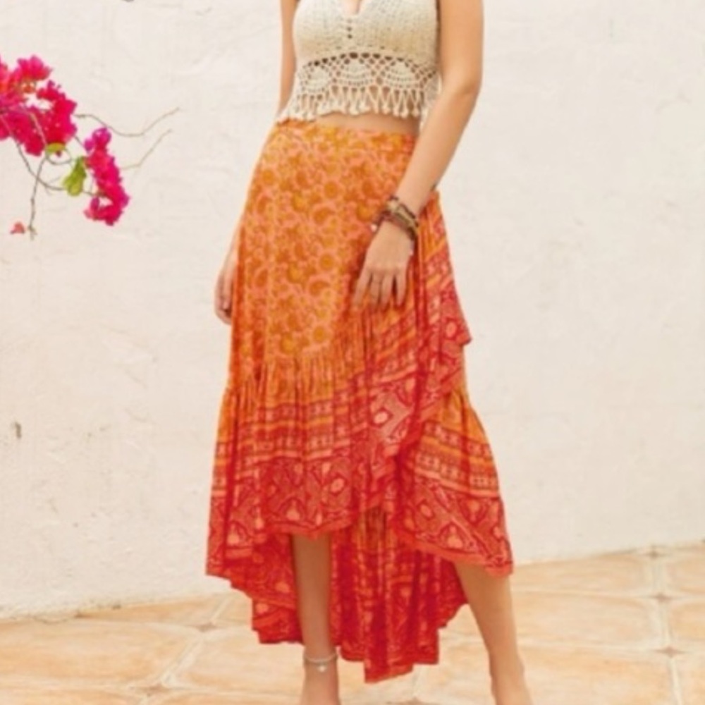 RusttyDustty Bohemian Pink and Orange Midi Skirt Skirt